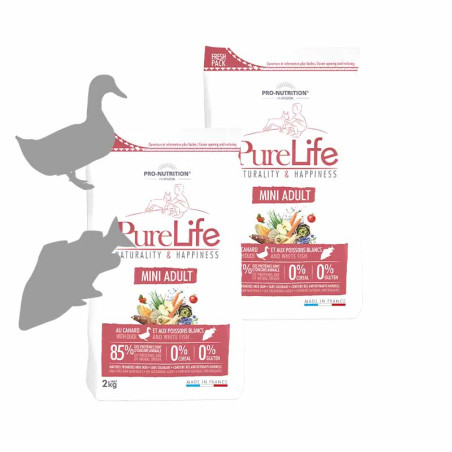 PURE LIFE CHIEN MINI ADULT | Croquettes sans céréales chien adulte de petite taille au canard et poissons blancs - LOT 2x2kgPro PURE LIFE CHIEN MINI ADULT | Croquettes sans céréales chien adulte de petite taille au canard et poissons blancs - LOT 2x2kgPro
