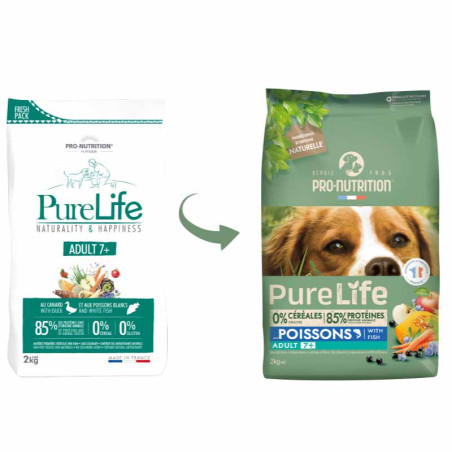  PURE LIFE CHIEN ADULT 7+  POISSONS | Croquettes sans céréales pour  chien senior aux poissons - LOT 2x2KGPro-Nutrition Flatazor