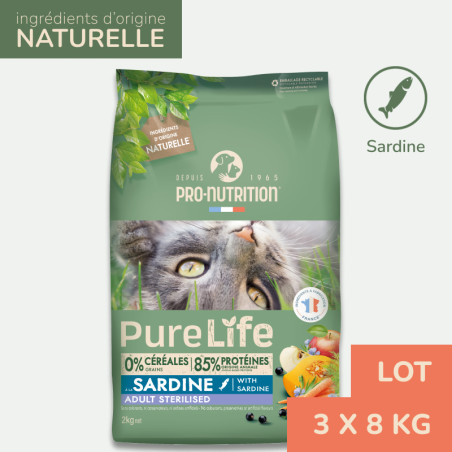  PURE LIFE  CHAT  STERILISED SARDINE | Croquettes sans céréales pour  chat stérilisé à la sardine - LOT 3x8kgPro-Nutrition Flata