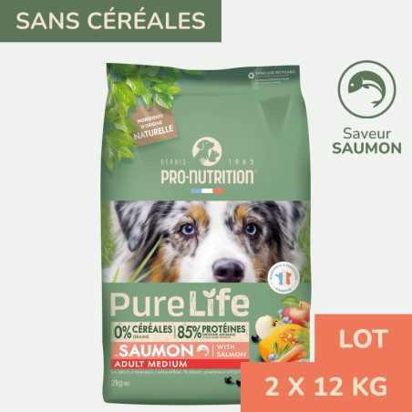  Pure Life Chien Medium Adult | Croquettes sans céréales - Saveur saumon - Lot 2x12kgPro-Nutrition Flatazor 1