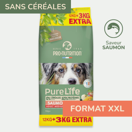  Pure Life Chien Medium Adult | Croquettes sans céréales saveur saumon - 12 + 3kg OffertsPro-Nutrition Flatazor 1