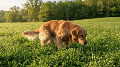 Un Golden Retriever dans un champ verdoyant en train de déféquer.