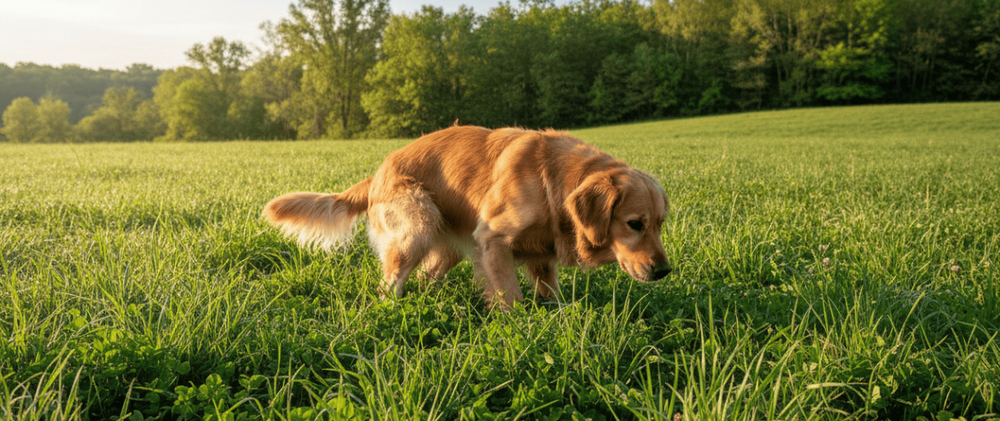 Un Golden Retriever dans un champ verdoyant en train de déféquer.