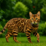 Chat Bengal au pelage fauve tacheté, marchant dans l’herbe.