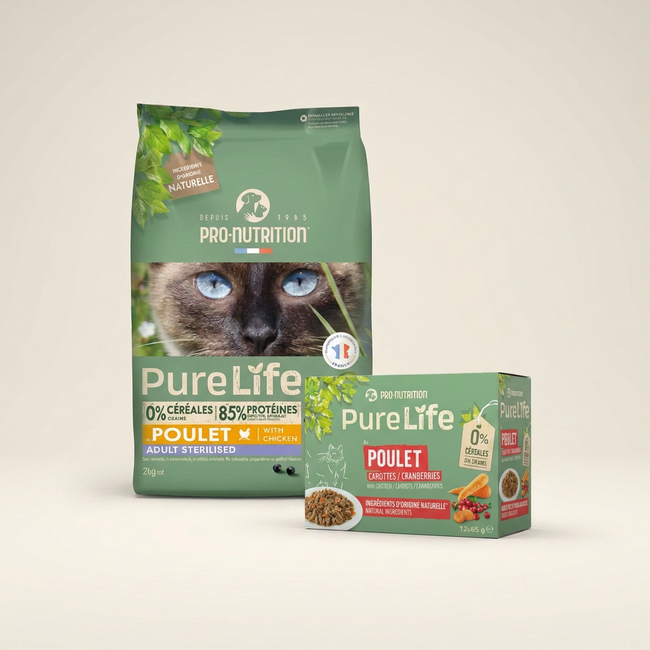 Pack Chat Pure Life – Croquettes Chat Stérilisé Saveur Poulet + Pâtée