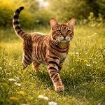 Chat Toyger au pelage rayé rappelant celui d’un tigre, marchant dans une prairie fleurie.