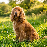 Cocker Anglais assis avec un champ vert au fond